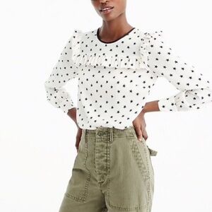 J.CREW Ladies Ruffle Silk Top Black Market Star Dot Print sexy blouse sz M L 10